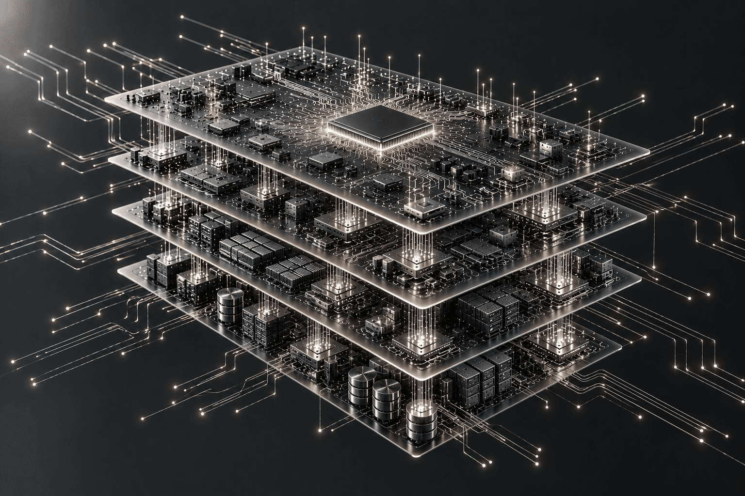 Layered circuit boards stacked over databases and servers, connected by glowing lines